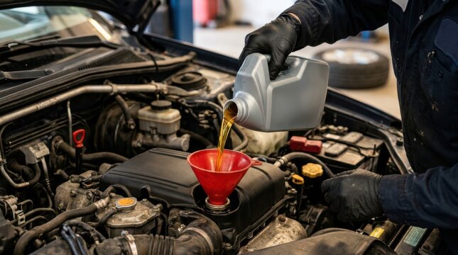 A mechanic wearing black gloves pours motor oil into a car engine using a red funnel in a garage setting.