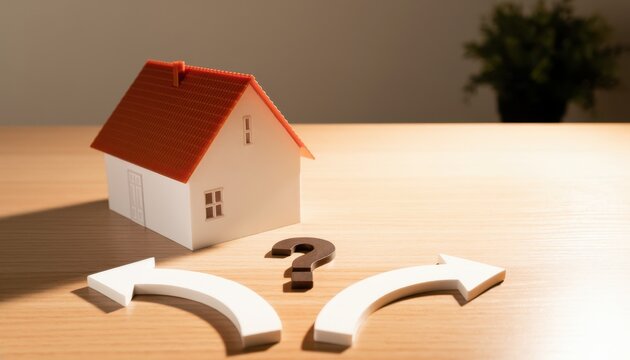A miniature house model sits on a wooden surface between two white directional arrows and a large question mark, symbolizing a choice or decision about housing.
