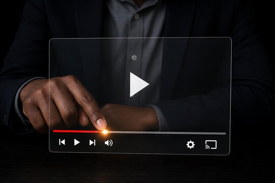 Businessman touching digital video player interface on transparent screen in dark corporate setting