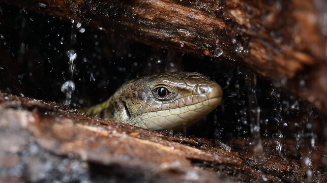Common lizard with patterned brown scales peers cautiously from within a damp dark textured log crevice