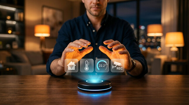 Man interacts with holographic smart home controls on a glowing device at night