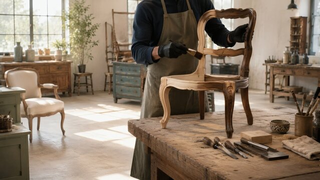 Woodworker refinishing a vintage chair in a rustic workshop  