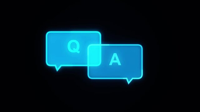 Neon blue Q and A speech bubbles glowing on black background