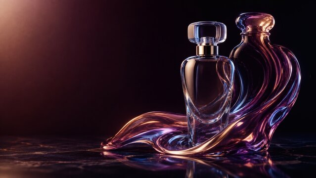 Elegant perfume bottles with flowing liquid design on a dark background  