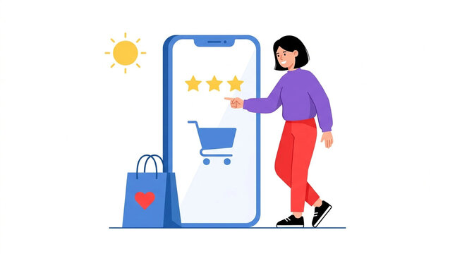 Woman giving five-star rating on smartphone after online shopping experience