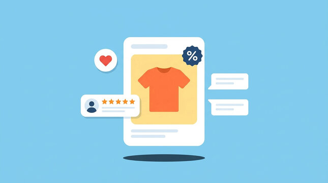 Online shopping interface showing t-shirt with discount, reviews and heart icon for e-commerce