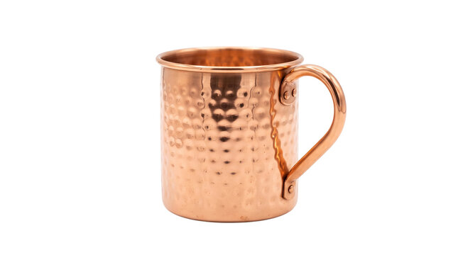 Hammered copper mug on white background, vintage copper cocktail cup, shiny metallic barware mug for moscow mule