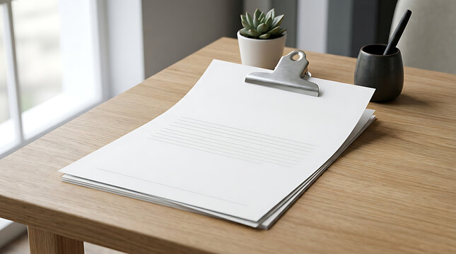A blank white paper on a metal clipboard with a small potted succulent and a pen holder on a light wooden desk in a bright office room setting isolated on a transparent background