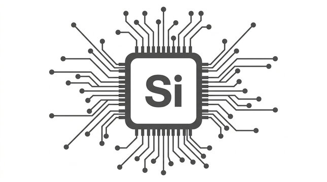 Silicon chip icon with circuit board connections, representing semiconductor technology and microelectronics design