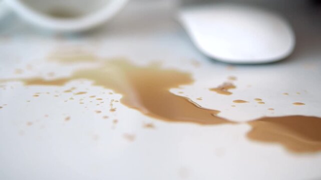Close up of coffee spilled on a white office desk with a computer mouse nearby.