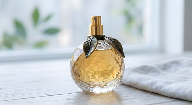 Orange scented perfume bottle sitting on a bright wooden table