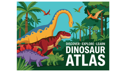 Dinosaur atlas book cover template vector design with prehistoric animals in jurassic jungle landscape on white background © SAYED