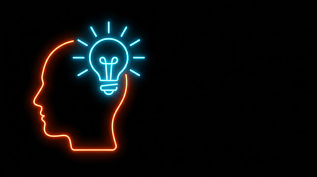 Neon glowing lightbulb inside human head silhouette symbolizing idea generation and creative thinking