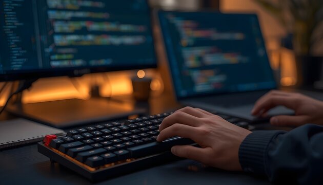 Software developer hands typing code on a mechanical keyboard with software engineering