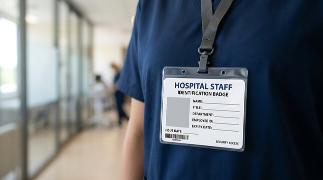 A hospital staff member wearing a dark blue scrub with a blank identification badge hanging on a lanyard in a blurred clinical hallway setting isolated on a transparent background