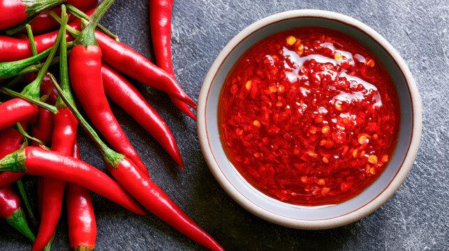 Red chili peppers and a bowl of spicy chili sauce on a dark surface. The scene highlights vibrant colors and fresh ingredients for cooking.