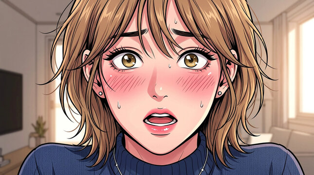 Young woman with surprised expression, cartoon style, indoor scene, emotional reaction, blush and sweat, anime art