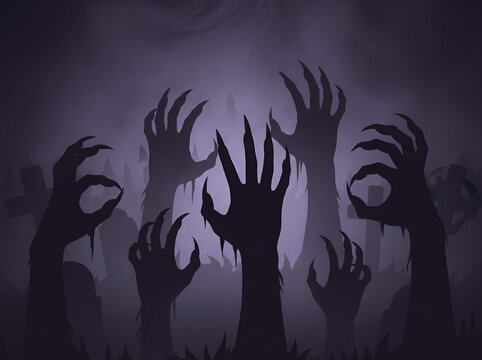 eerie halloween illustration of dark monster shadow hands with sharp claws reaching up through purple mist for horror seasonal banner poster