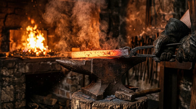 Blacksmith forging hot metal on anvil with hammer in traditional workshop
