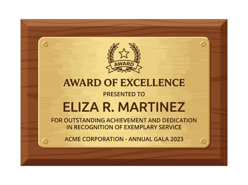 Award Plaque with Gold Plate and Wooden Backing