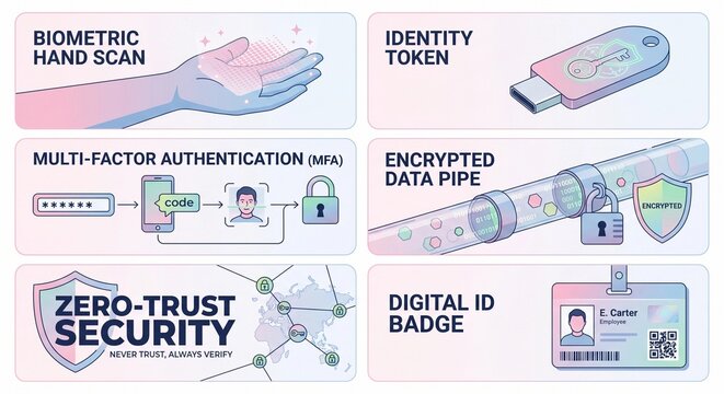 Zero-Trust Security & Multi-Factor Authentication Vector Infographic