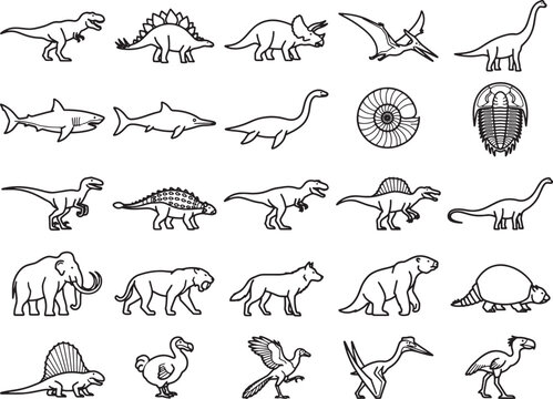 A collection of detailed line art illustrations depicts various prehistoric creatures including dinosaurs, marine reptiles, a saber-toothed cat, a woolly mammoth, and ancient birds.