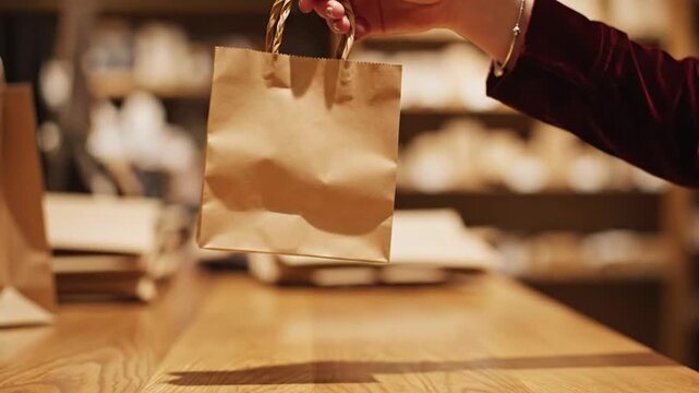 Hand giving a small brown paper gift bag retail or shopping concept
