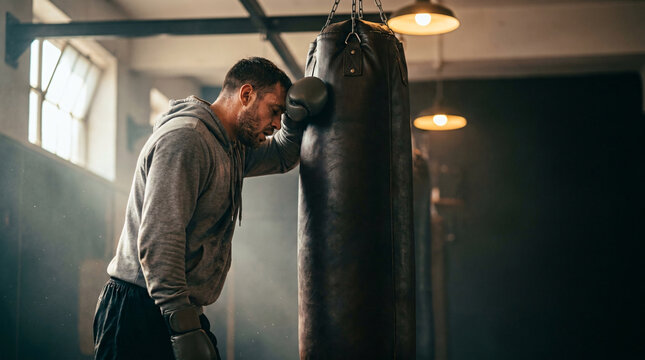 Tired boxer leaning on a heavy bag in a dimly lit gym, sweat visible, reflecting exhaustion and determination after a tough workout