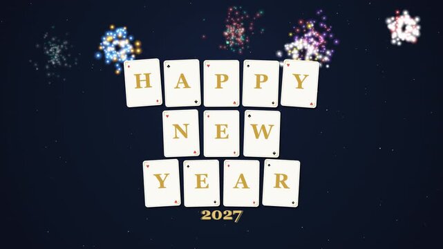 Festive Happy New Year 2027 celebration banner featuring white playing cards spelling a greeting under colorful sparkling night sky fireworks