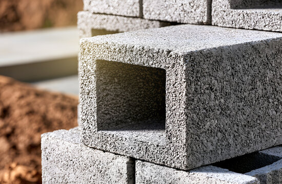 Close-up of stacked gray concrete cinder blocks at a construction site, representing building materials, masonry work, structural foundation, and development.