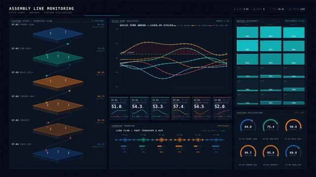 Dynamic assembly line monitoring dashboard showcasing cycle times, buffer occupancy, and station utilization with animated graphics and real-time data updates.