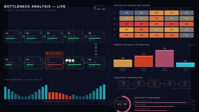 Explore a dark-mode manufacturing bottleneck detection dashboard featuring constrained production stations and dynamic analytics for enhanced operational efficiency.