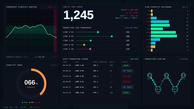 Explore a sleek manufacturing throughput dashboard showcasing units per hour and production flow stability with vibrant data visualizations in a dark mode aesthetic.