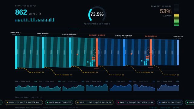 Explore the intricate details of a production flow analytics dashboard showcasing queue buildup and process congestion in a dark-mode animated design with vibrant colors.