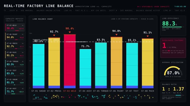 Experience a sophisticated dark-mode factory line balance dashboard showcasing workstation load versus capacity with animated bar charts and KPI cards in 4K resolution.