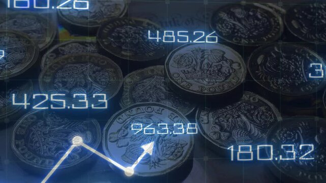 A glowing blue graph line with an upward arrow and digital numbers floating above pound sterling coins, showing economic growth and profit.