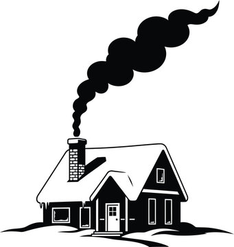 Silhouette illustration of a cozy cottage house with smoke rising from chimney