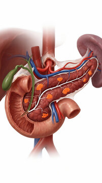 Anatomical illustration showing human kidney with nephrons and blood vessels highlighted