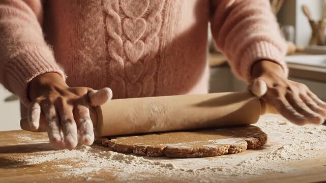 Hands rolling out dough with a rolling pin baking preparation close up