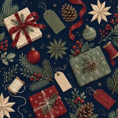 Fototapeta premium Festive Christmas gifts, ornaments, pinecones, tags, evergreen branches