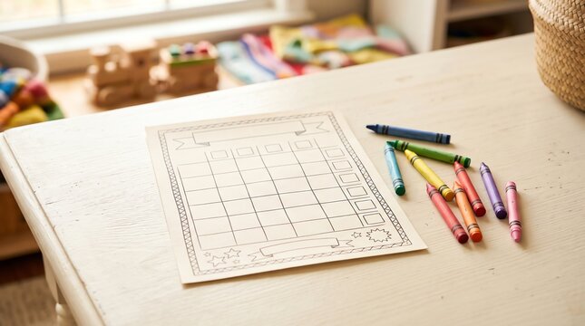 Blank educational activity page with colorful crayons on a wooden table
