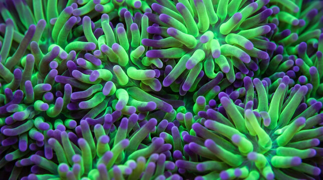 Close-up of vibrant green and purple coral polyps under bright underwater lighting