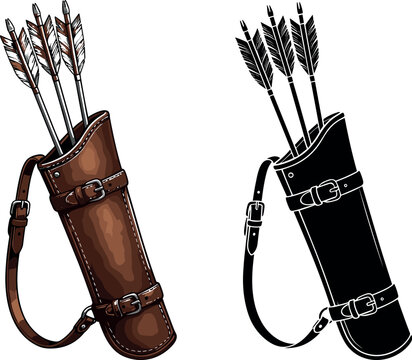 Vintage medieval archery leather quiver with hunting arrows vector illustration set in realistic and silhouette styles