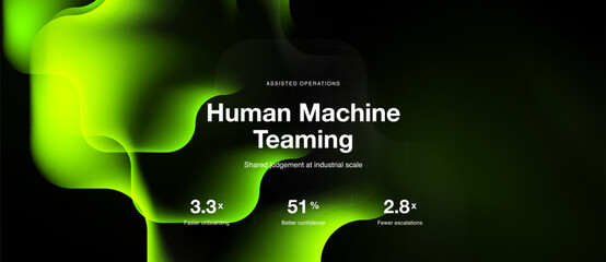 Fototapeta premium Abstract green shapes dominate background. Text highlights human machine teaming, data points show improvements in onboarding, confidence, escalations.