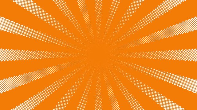 Animated halftone radial burst video with vivid orange background and white dotted rays expanding from the center, dynamic pop art motion graphic, energetic comic style celebration backdrop