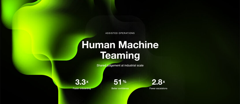Abstract green shapes dominate background. Text highlights human machine teaming, data points show improvements in onboarding, confidence, escalations.