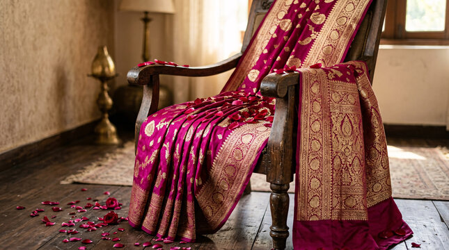 Elegant maroon red Banarasi silk saree with gold zari border gracefully draped over rustic wooden armchair with scattered rose petals on floor.
