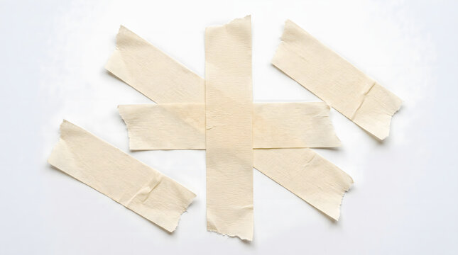 Overlapping strips of beige paper masking tape arranged in asterisk star pattern isolated on clean white background adhesive sticky tape mockup design element for scrapbooking and photo fixing