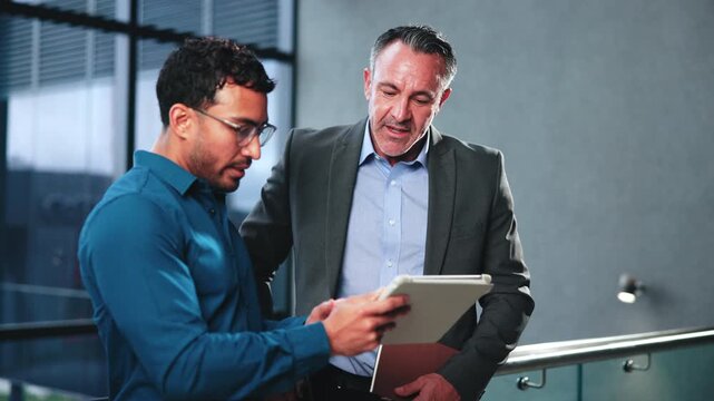 Finance, review or team in office with tablet, budget outlook or growth plan for business portfolio. Digital, people or wealth advisor with tech, forecast discussion or feedback on strategy report.