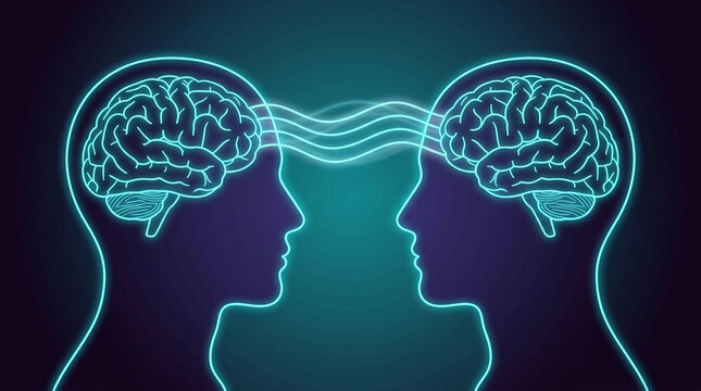 Two brains connected by neural signals, illustrating mental communication, empathy, or telepathy in a futuristic glowing style